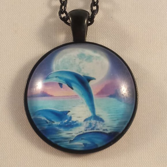 Black Dolphins Ocean Moon Cabochon Necklace - Picture 2 of 3